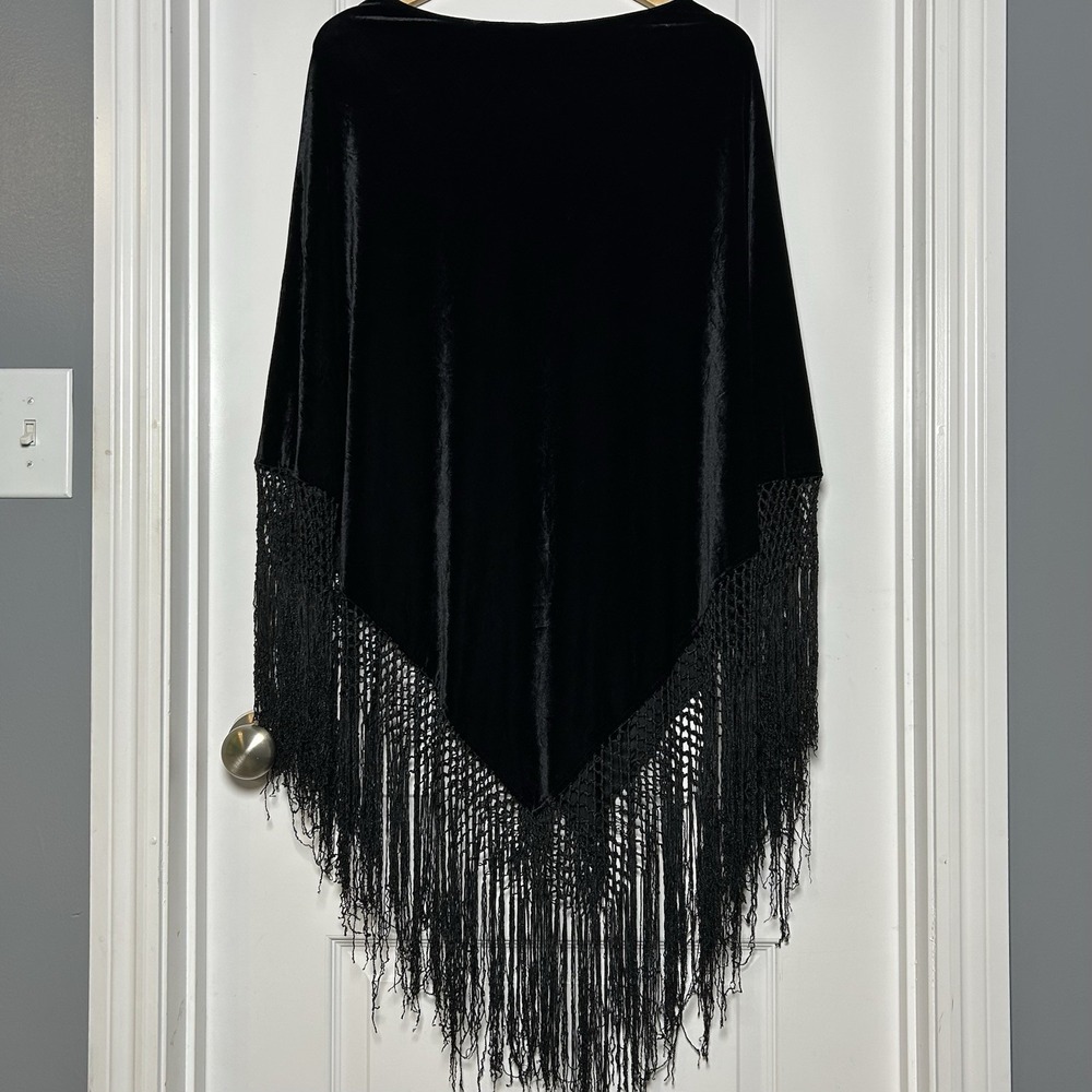 Chico's Vintage 90s Made in USA Black Velvet V-Cut Cascading Knot Fringe Poncho